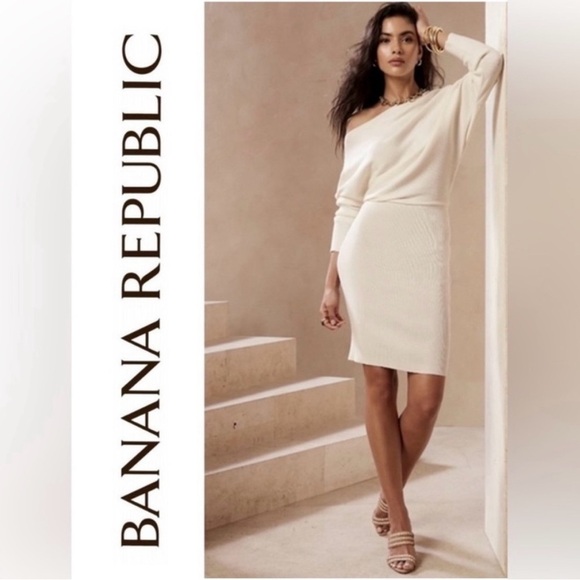 BANANA REPUBLIC, COLLETA, Off-Shoulder Cream Sweater Dress,Sophisticated, Size S - Picture 3 of 15